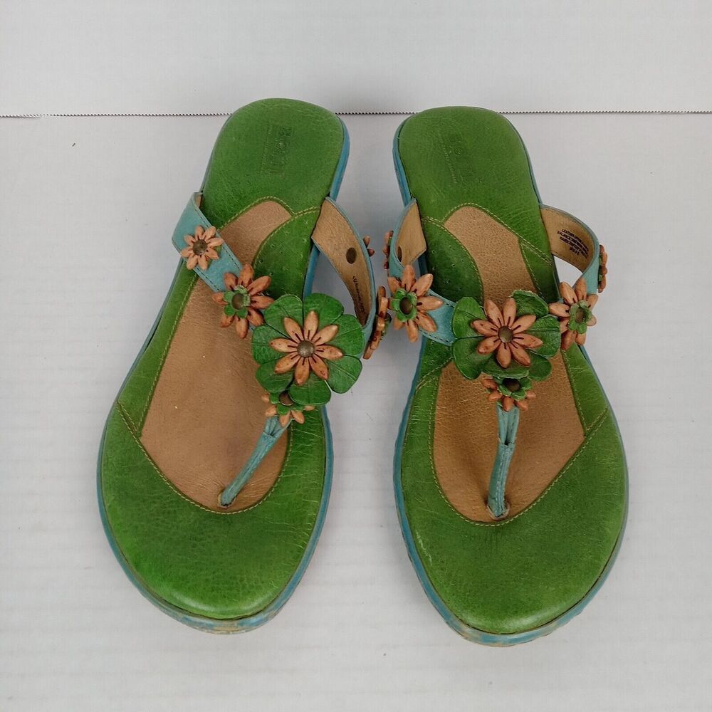 Born Womens Shoes Sandals Flowers Leather Size 10 thongs flip flops Blue Green
